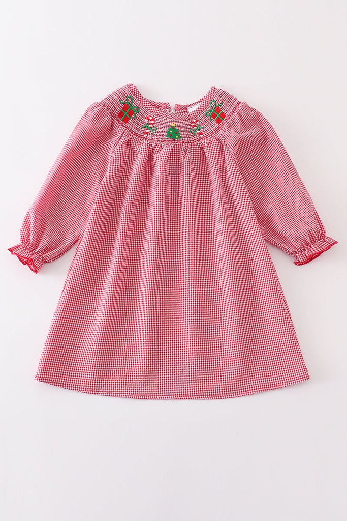 Red christmas gifts embroidery smocked dress