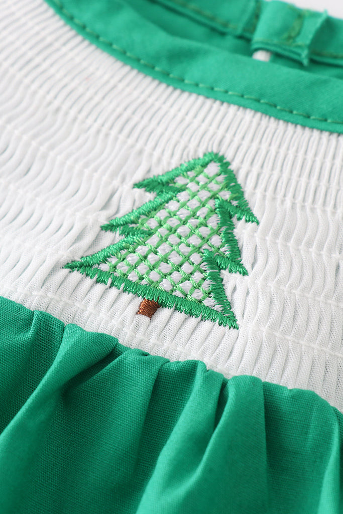 Green christmas tree embroidery smocked girl dress