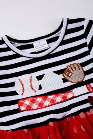 Red stripe baseball applique dress