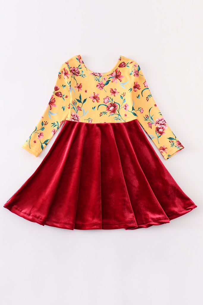 Maroon floral velvet twirl girls dress