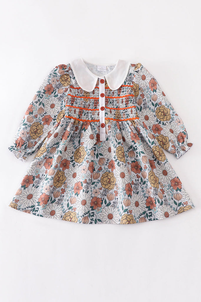Mustard floral smocked buttons dress