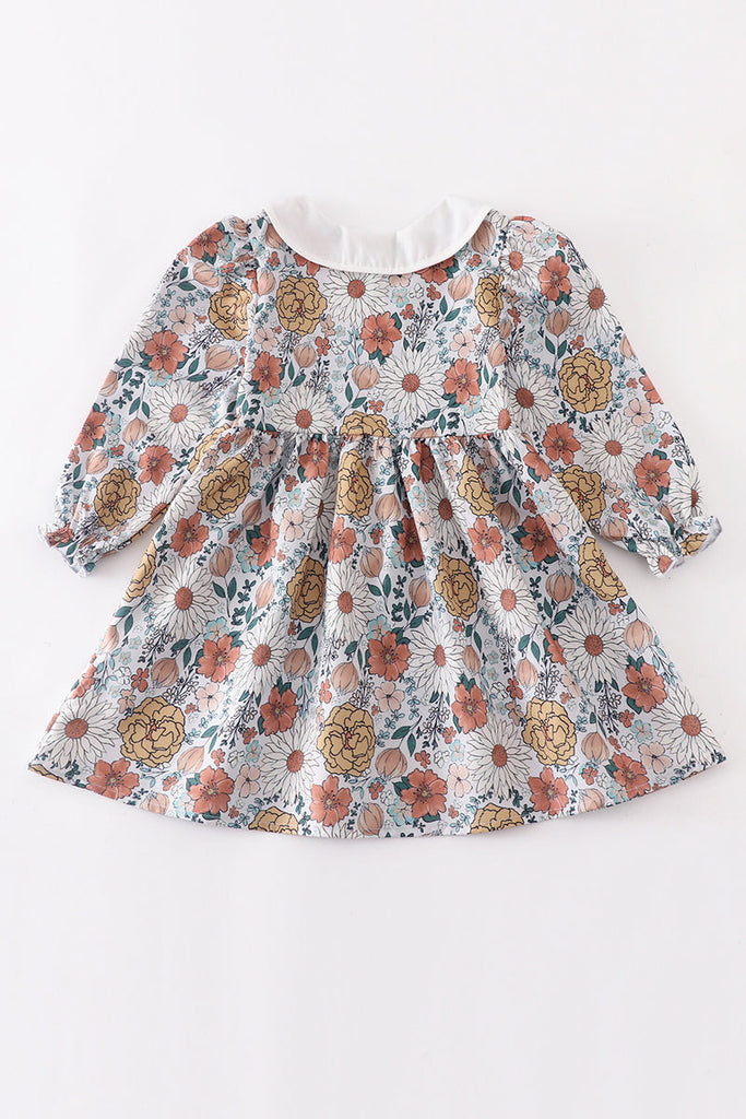 Mustard floral smocked buttons dress