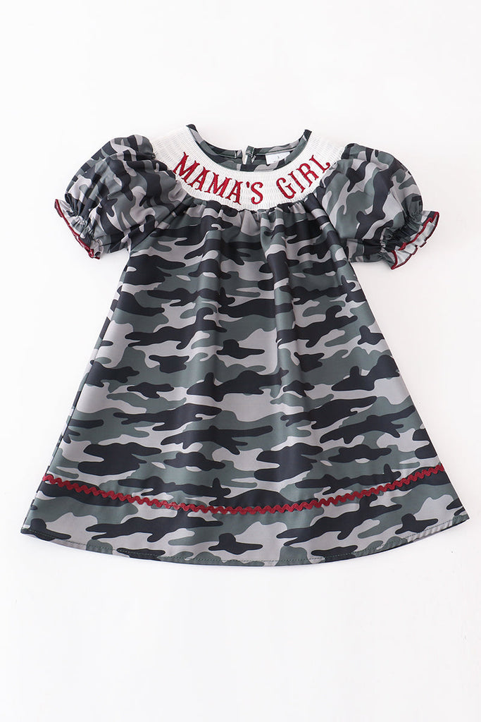 Camouflage smocked  "MAMA'S GIRL"bubble sleeve dress