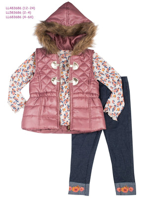 Faux fur puff vest floral shirt & denim legging 3pcs set