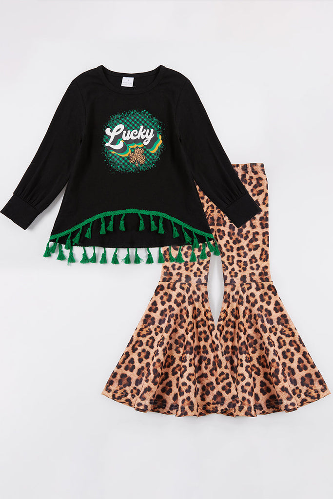 Black leopard "Lucky" clover bell pant set