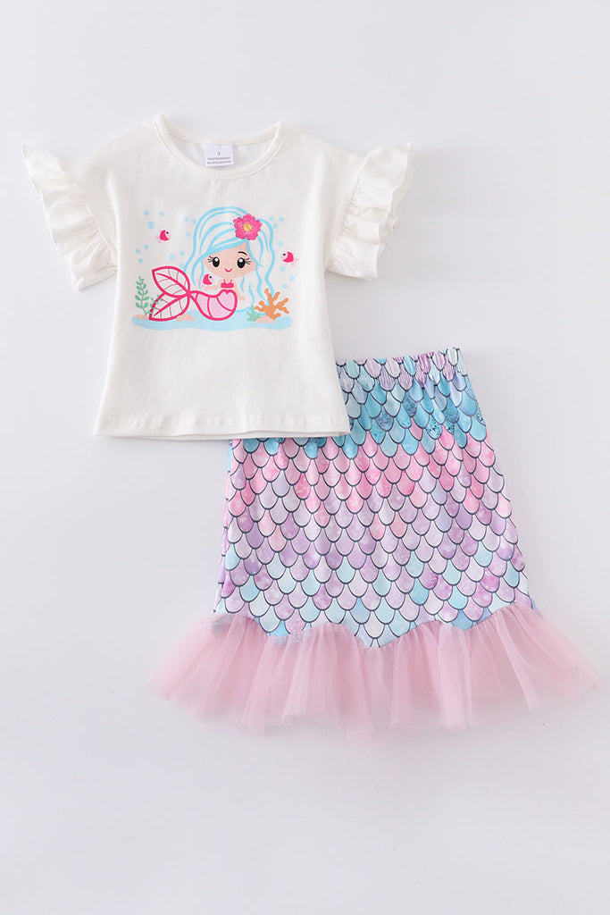 White mermaid print skirt set
