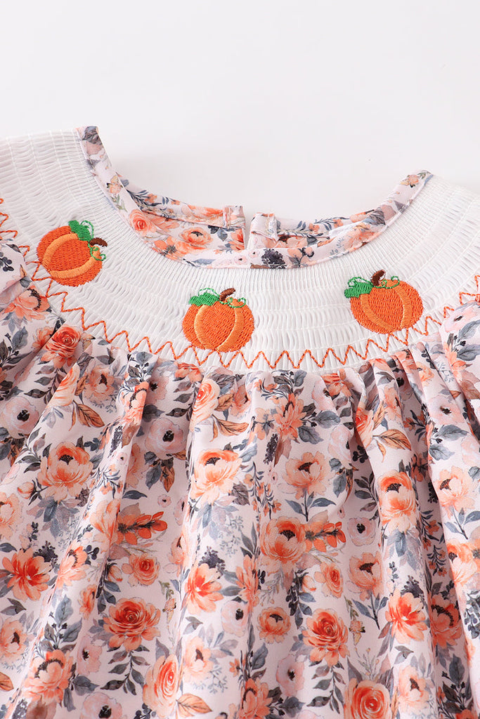 Pumpkin  floral puff sleeve smocked Set