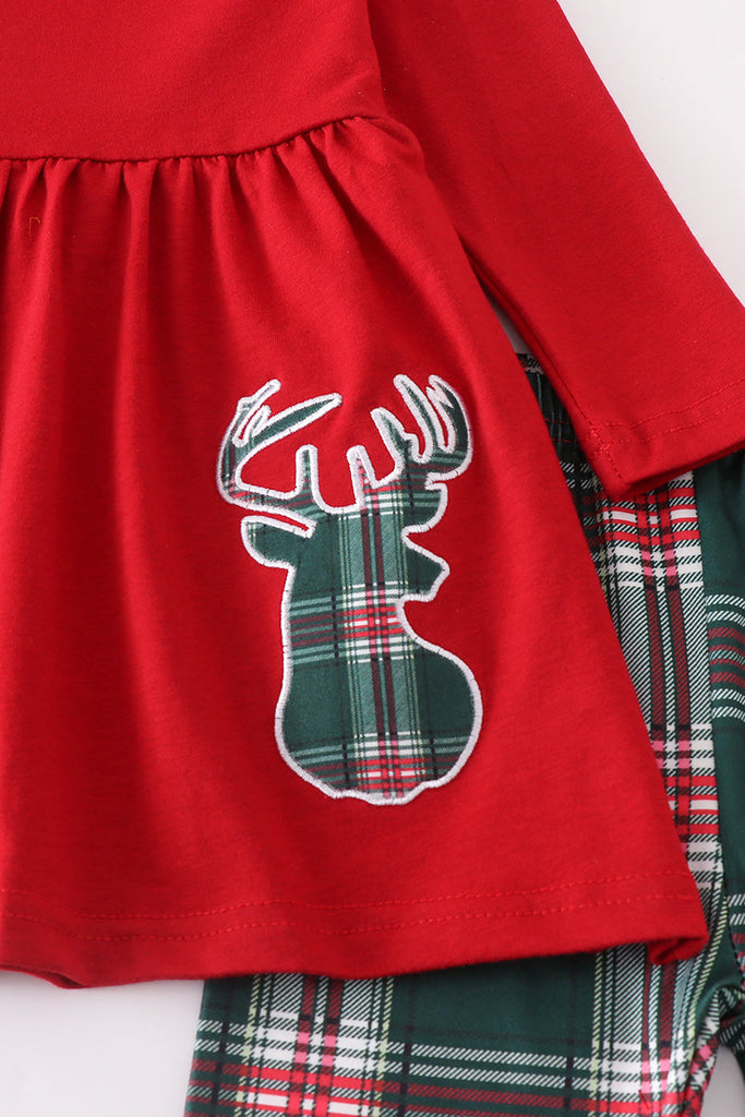 Red reindeer scarf plaid 3pc set