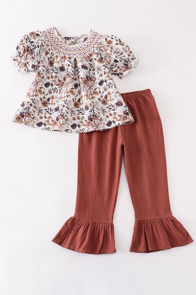 Brown floral smocked ruffle pants set