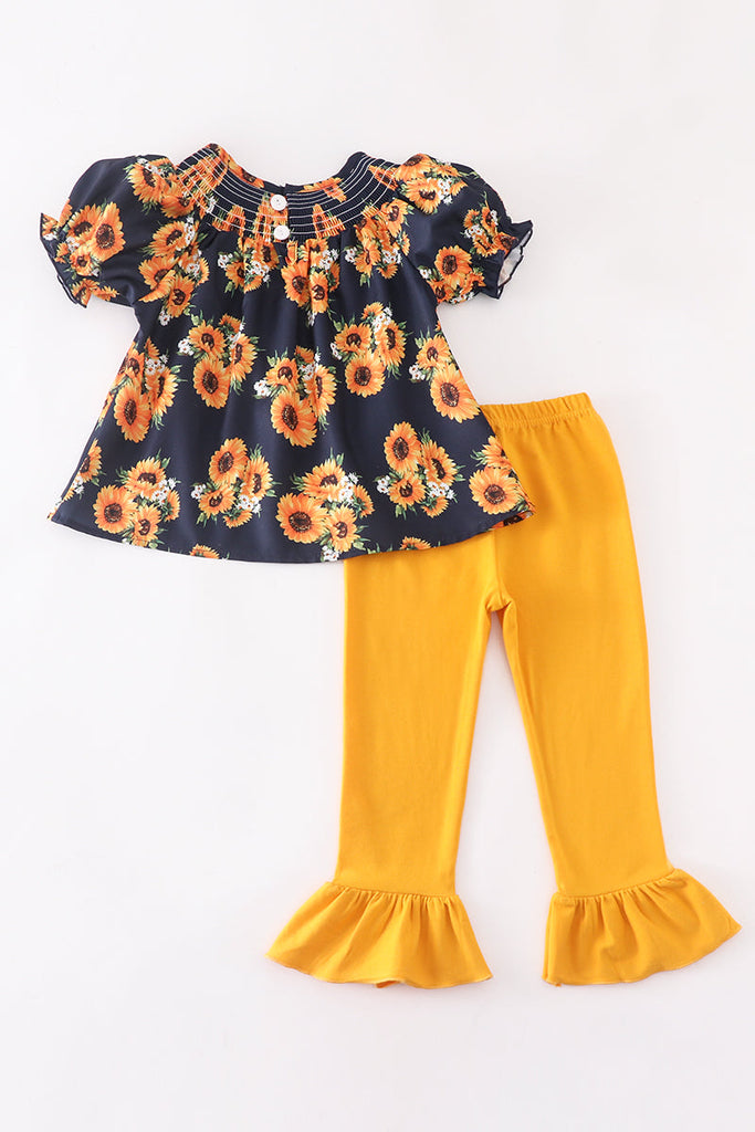 Navy sunflowers smocked bell pant set