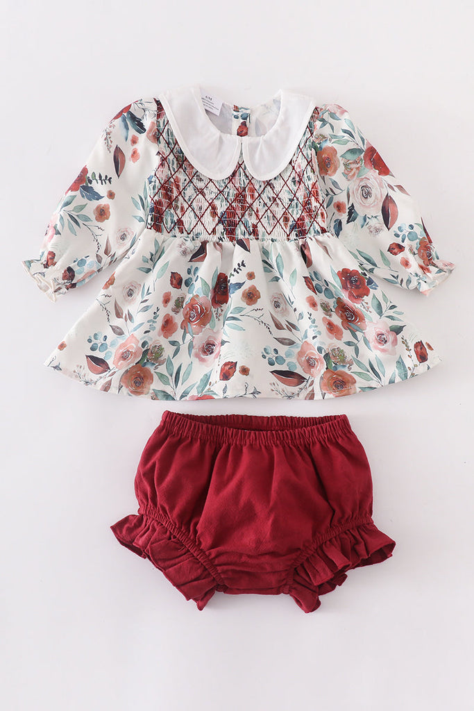 Maroon floral smocked buttons baby set
