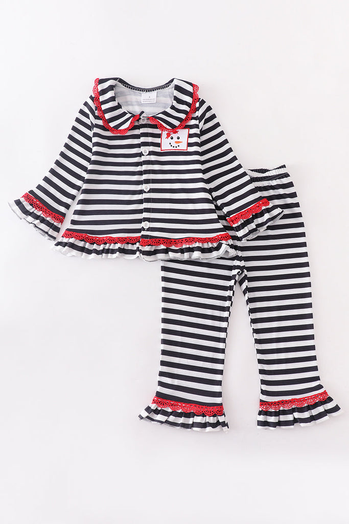 Black stripe snowman ruffle girl pajamas set