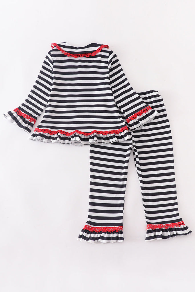 Black stripe snowman ruffle girl pajamas set
