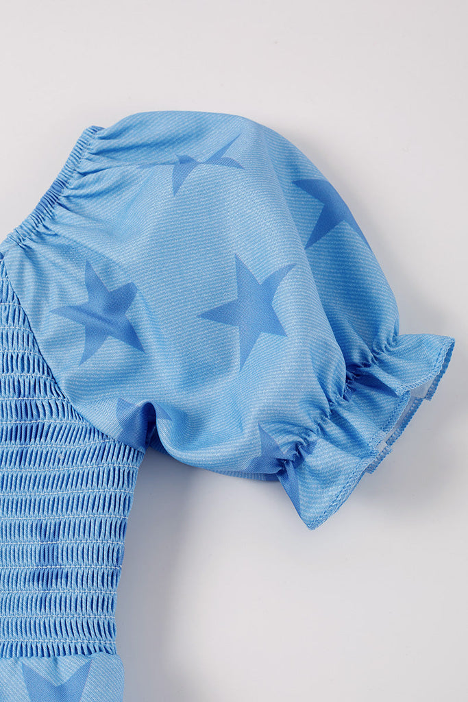 Blue star smocked girl jumpsuit