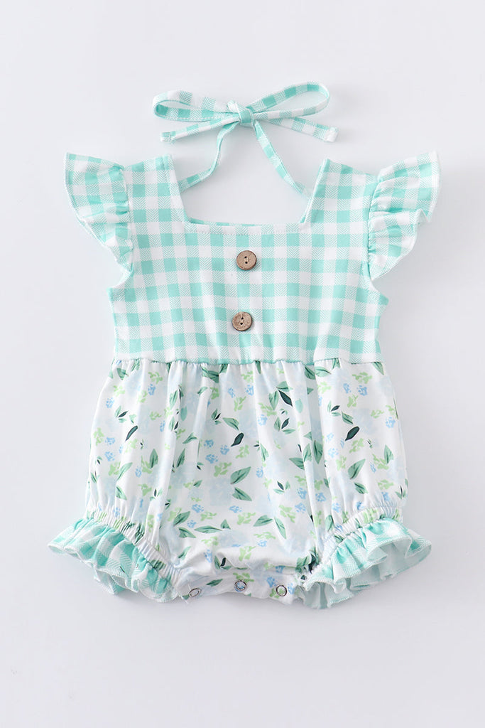 Green plaid floral ruffle baby romper