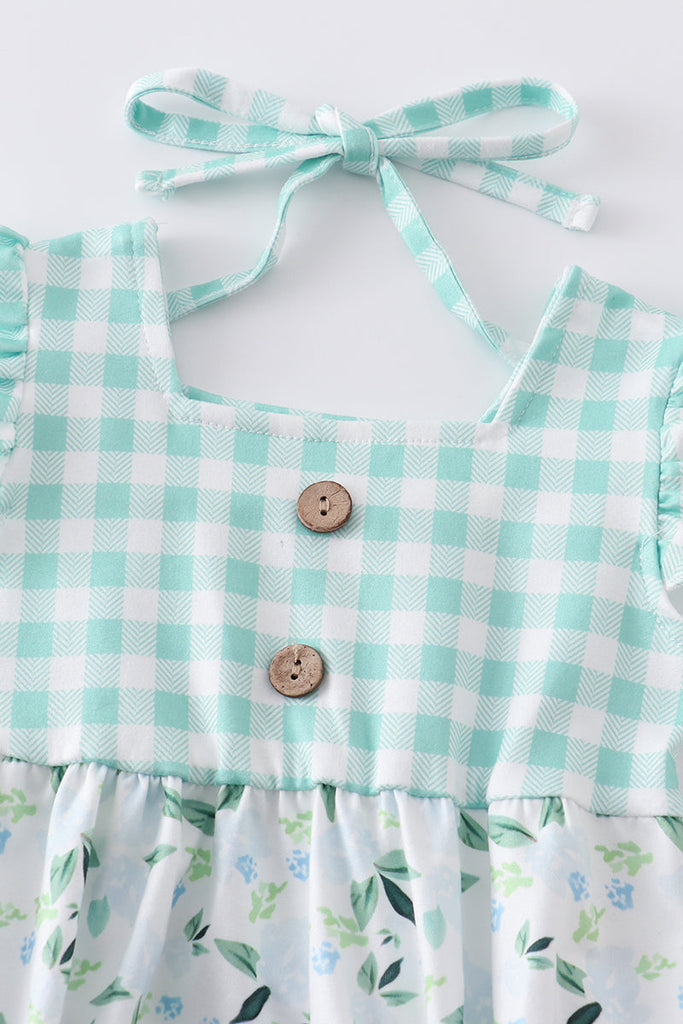 Green plaid floral ruffle baby romper