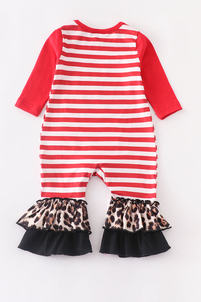 Red leopard Christmas tree applique ruffle baby romper