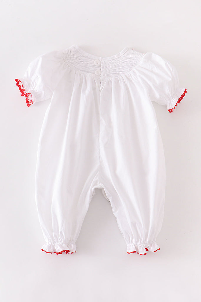 White floral smocked  puff sleeve baby romper