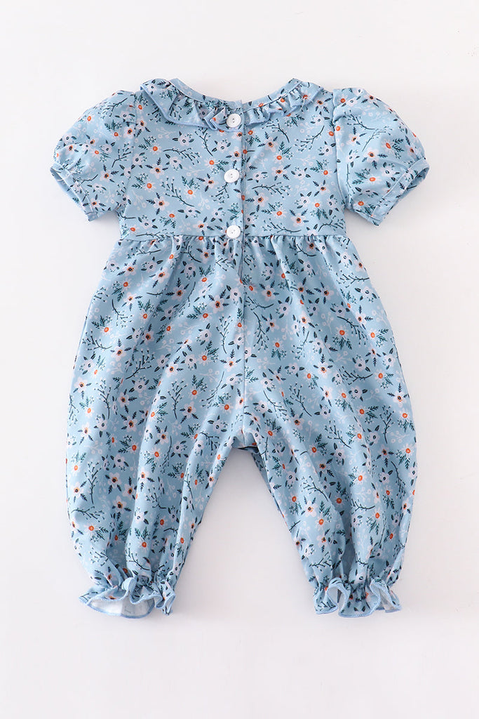 Blue floral smocked  puff sleeve ruffle baby romper