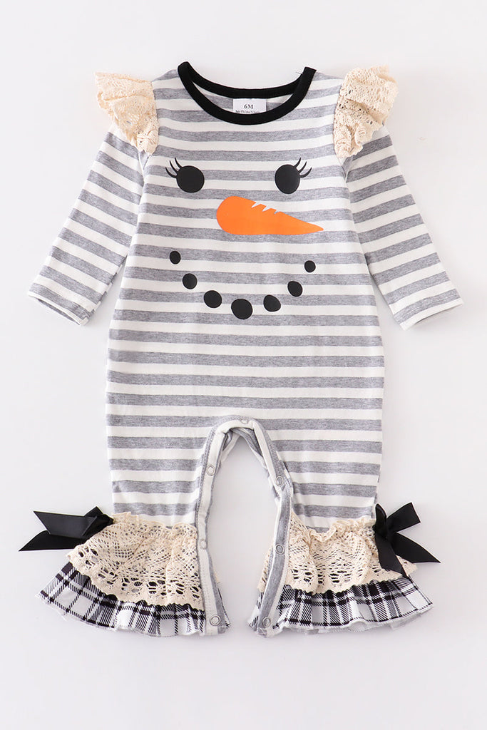 Grey snowman stripe ruffle bow baby romper