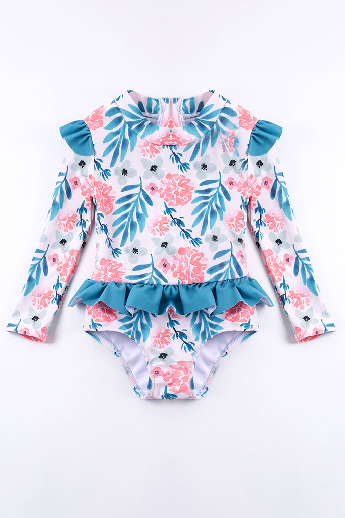 Blue floral ruffle girl long sleeve swimsuit