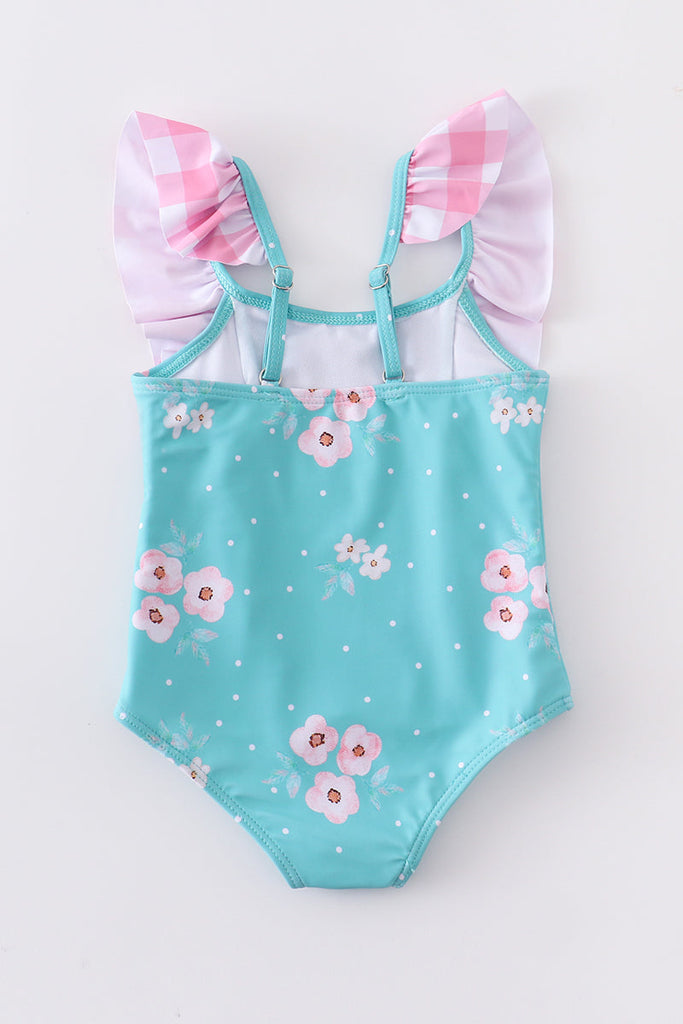Blue floral ruffle plaid girl swimsuit