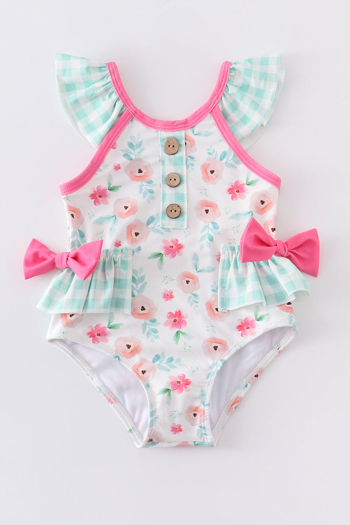 Mint floral ruffle bow girl swimsuit