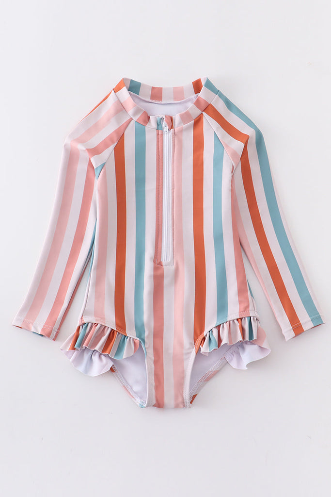 Multicolored stripe ruffle girl swimsuit