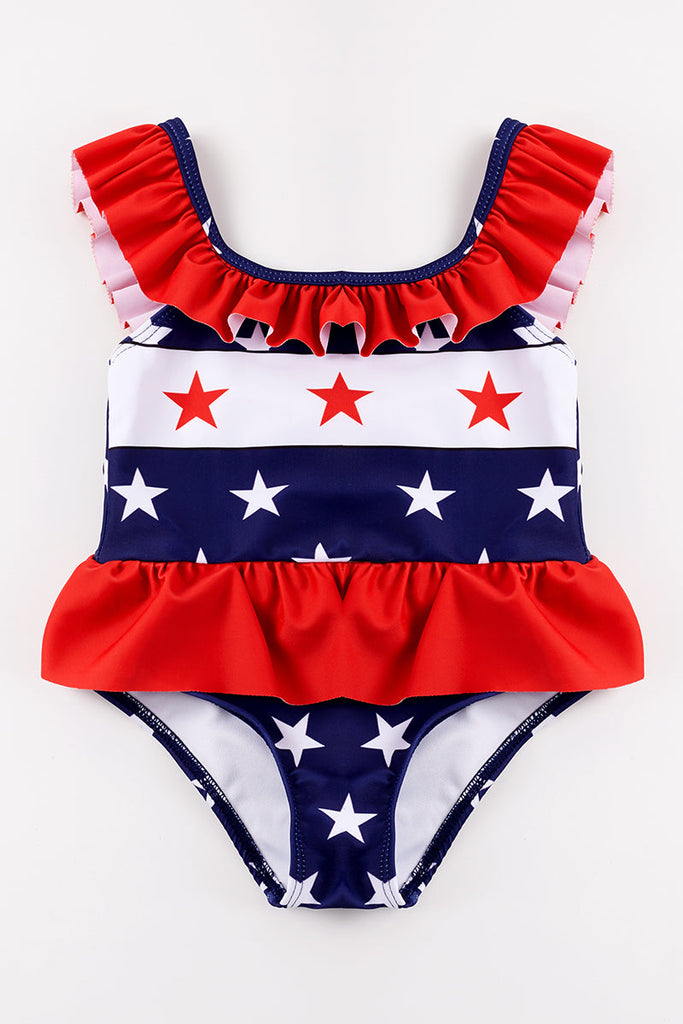 Navy star print ruffle girl swimsuit