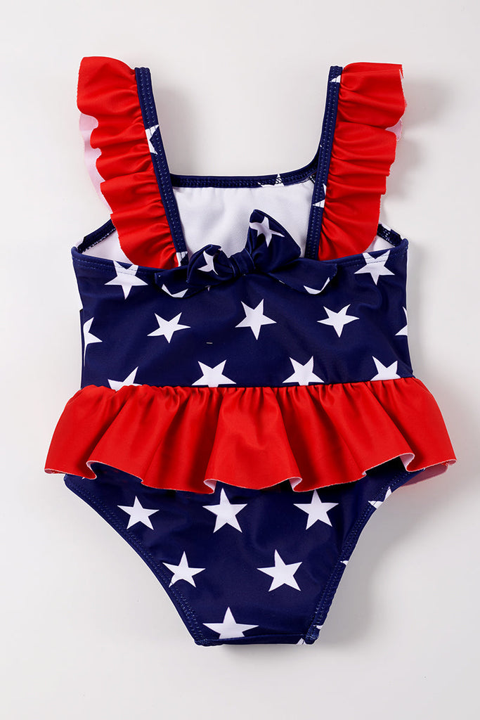 Navy star print ruffle girl swimsuit